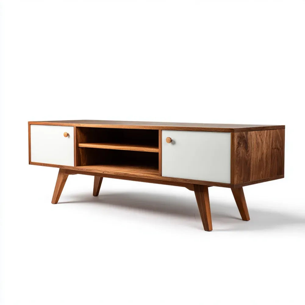 TV Stand Wood 120x40x50 cm - White/Walnut - Mid-Century Modern