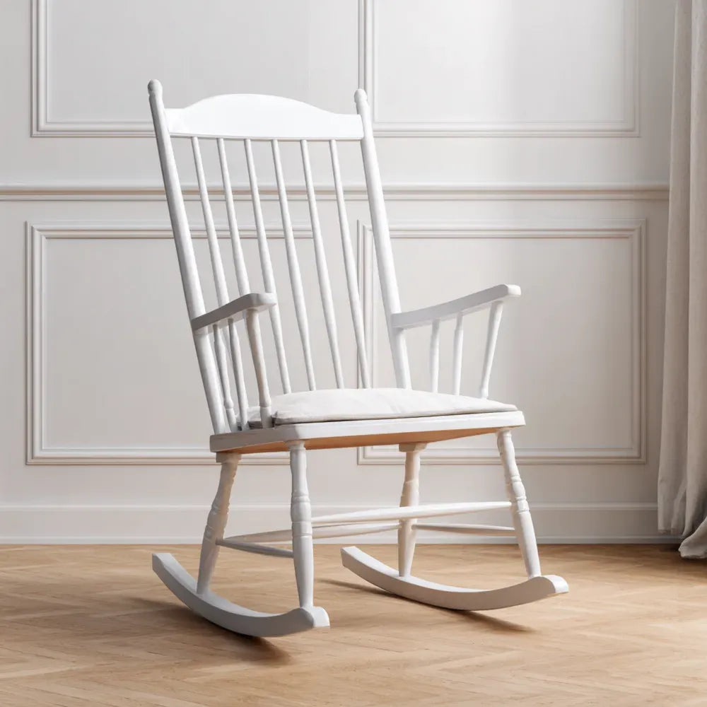 Wooden Rocking Chair with Cushion - 105x65x90 cm - White - Classic Design