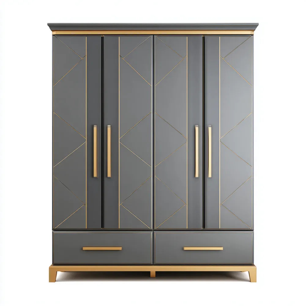 Wardrobe Four-Door MDF 200x60x220 cm - Gray and Gold - Contemporary Design