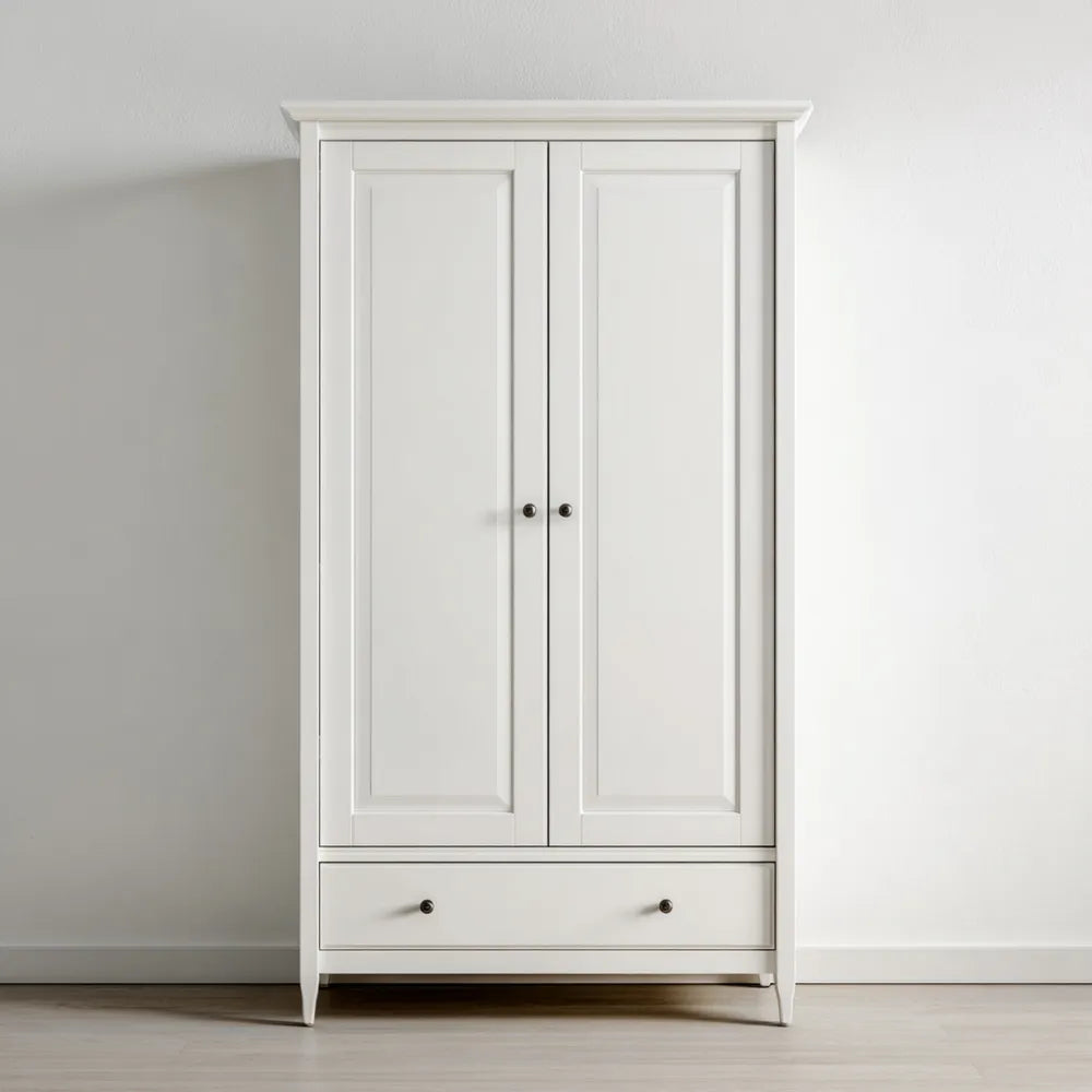 Wardrobe Wooden 2-Door with Drawer - 90x50x180 cm - White - Classic Design