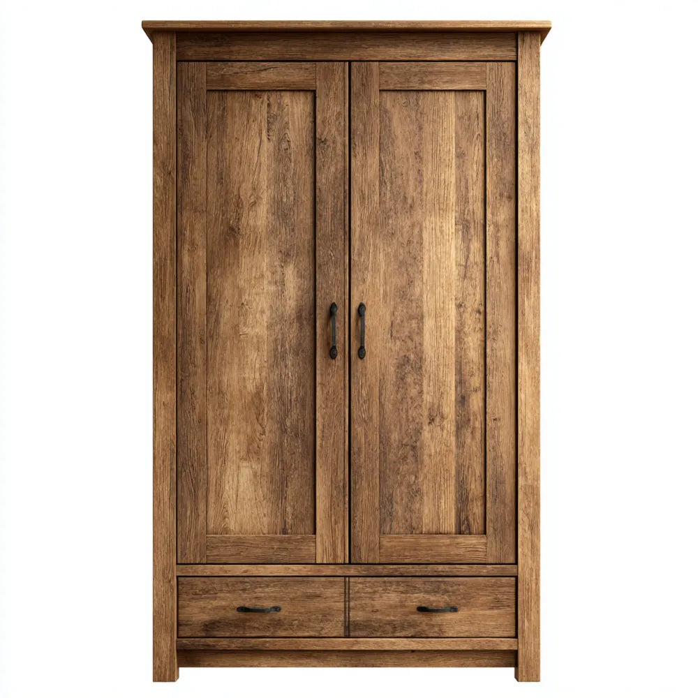 Wooden Wardrobe 200x100x60 cm - Rustic Oak Finish - Two Doors with Drawers